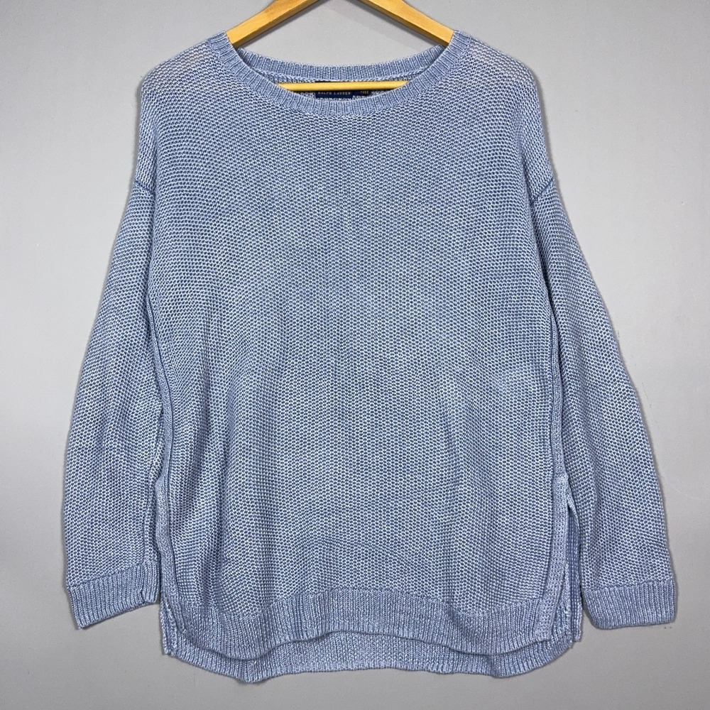 Polo Ralph Lauren Open Knit Linen Sweater Womens 54Medium Pullover Blue Preppy